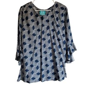 Escapada Living Women Blouse Stretch Flare Bell Sleeves Blue Floral Print Size L